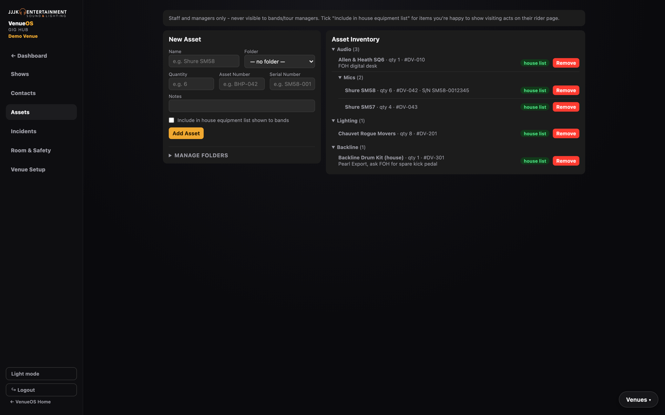 Gig Hub Assets tab showing a nested folder tree of equipment inventory