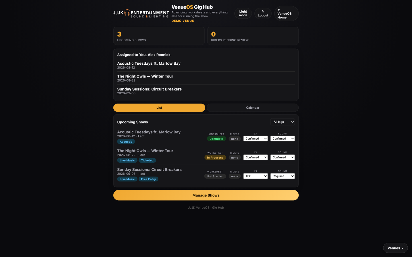 Gig Hub dashboard showing upcoming shows and LX/Sound status at a glance