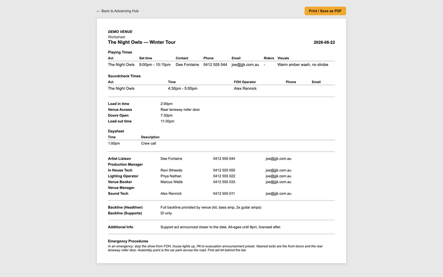 Printable worksheet document showing playing times, soundcheck, logistics and staff roster
