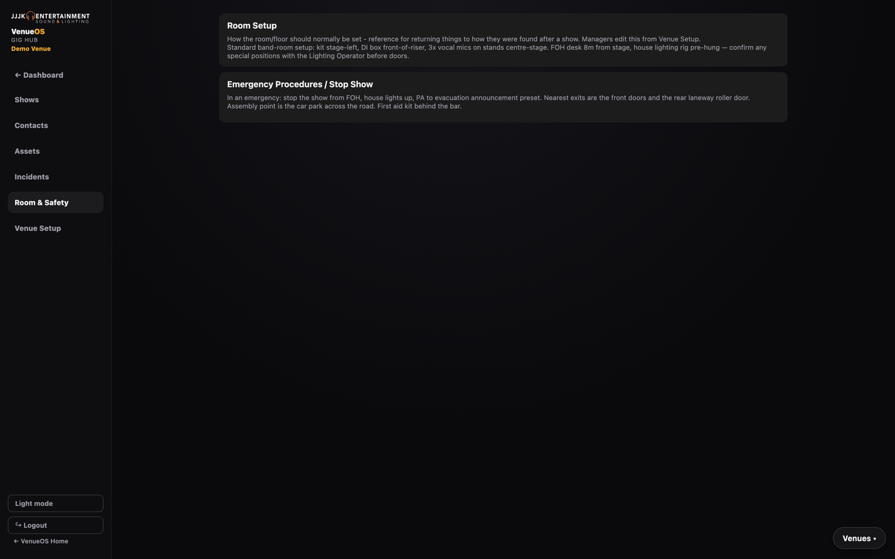 Gig Hub Room and Safety tab showing room setup notes and emergency procedures