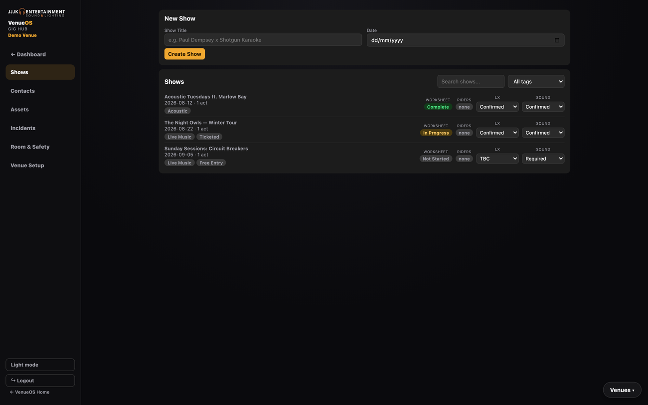 Gig Hub Shows list with tags, worksheet status and LX/Sound dropdowns