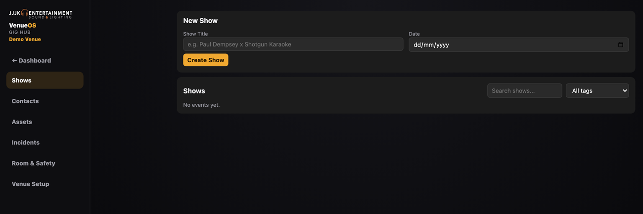 Gig Hub show advancing dashboard sidebar
