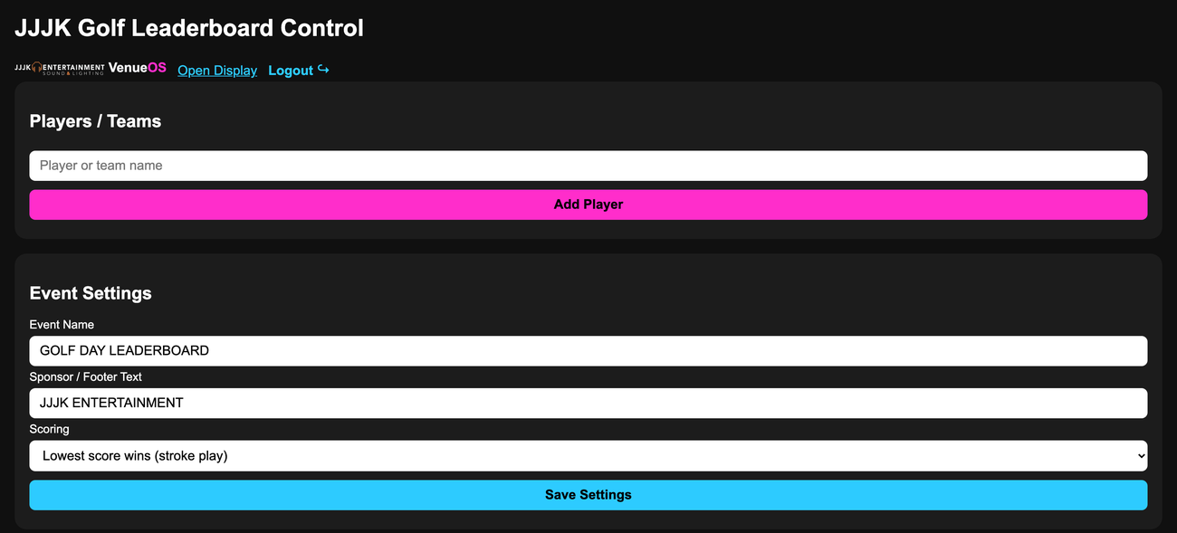 Golf Leaderboard control panel