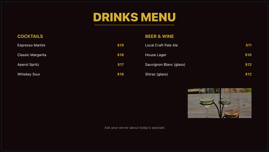 Drinks menu signage slide built in VenueOS Design Editor
