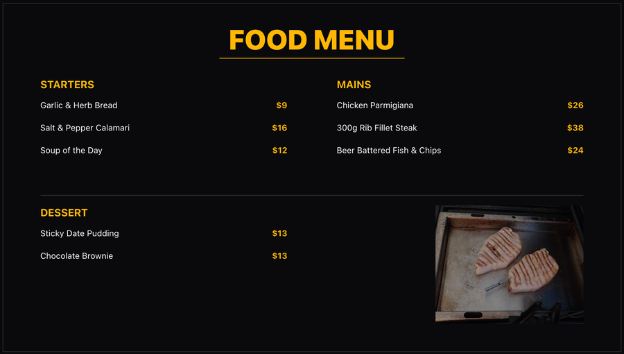 Food menu signage slide built in VenueOS Design Editor