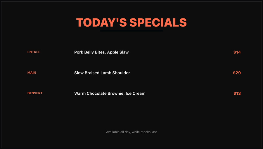 Today's specials signage slide built in VenueOS Design Editor