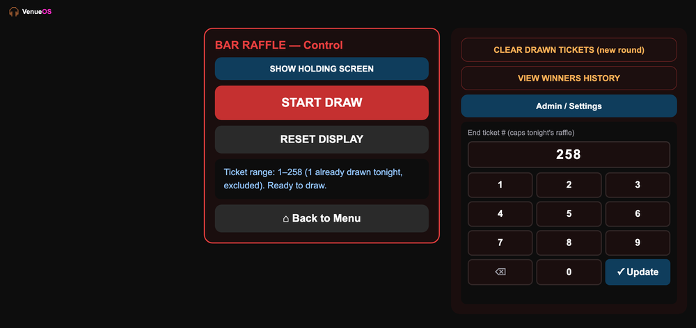 Bar Raffle control panel showing ticket range