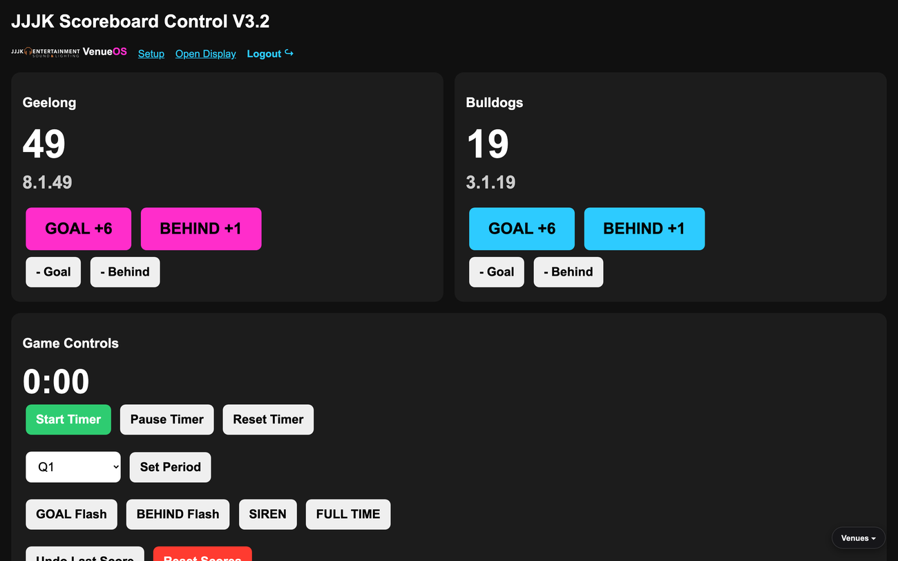 Live AFL scoreboard control panel