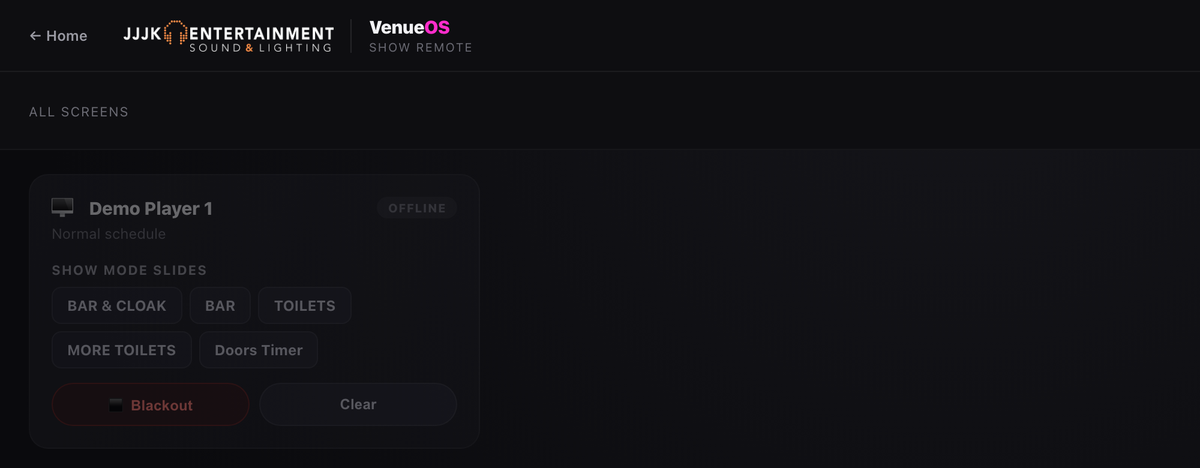 VenueOS Show Remote operator panel with per-screen blackout and slide override controls