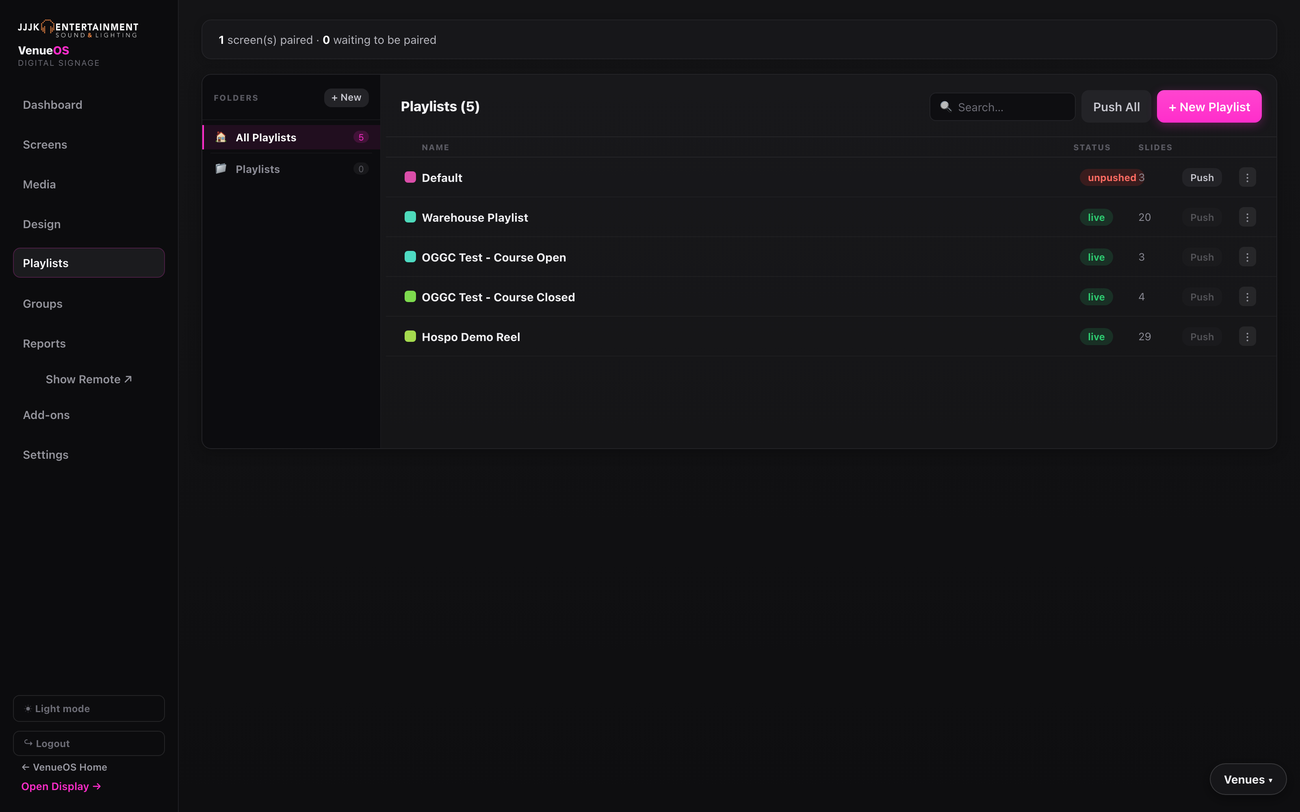 Digital Signage Playlists tab showing live and unpushed playlists with slide counts