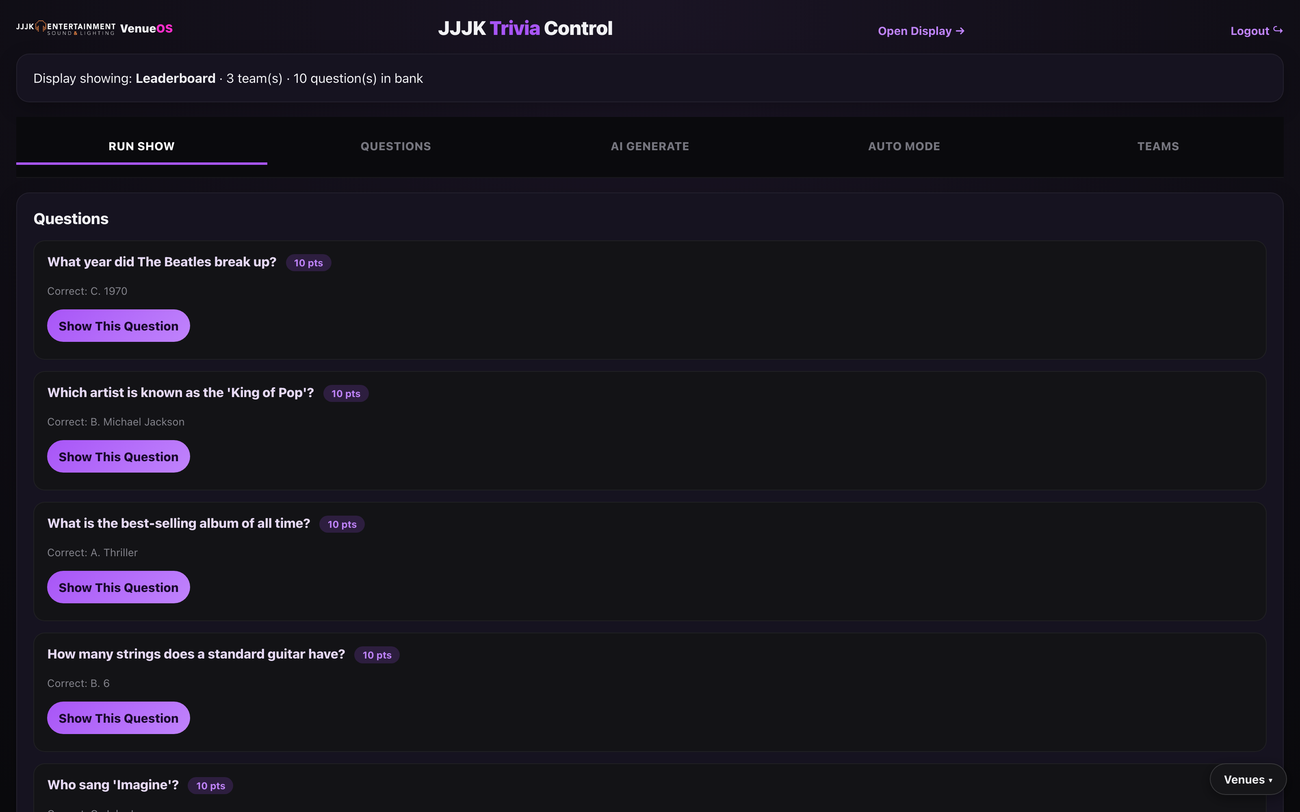 Trivia Night control panel with AI-generated questions